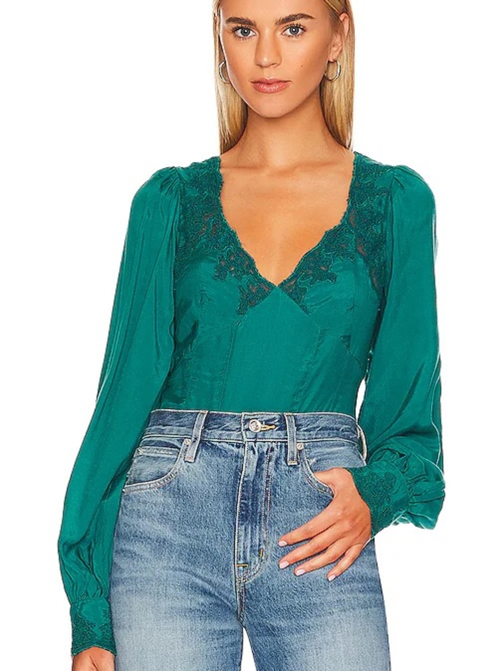 Free People Teal Green Lace Trim Open Back Crop Top — Size S